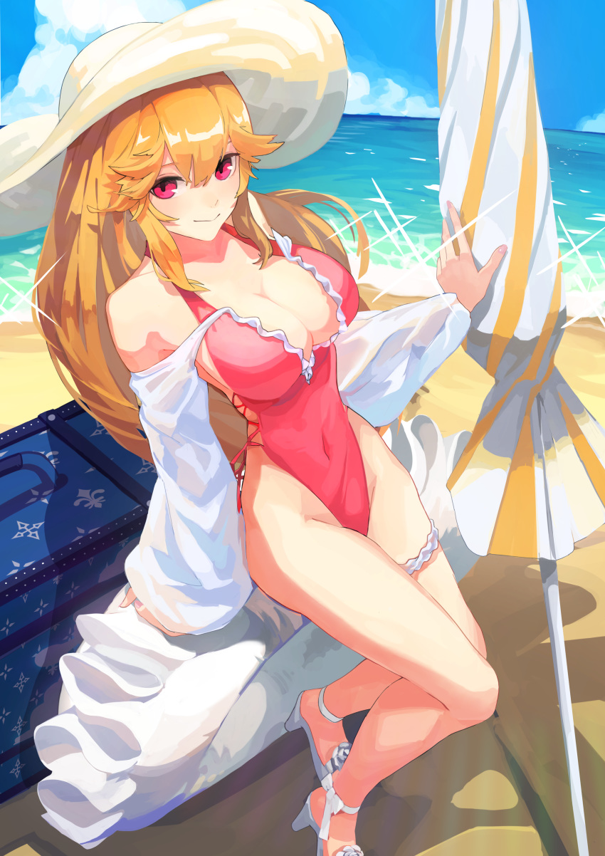 absurdres aoiro_(t_aoiro123) azur_lane bare_shoulders beach beach_umbrella blonde_hair blue_sky breasts cleavage closed_mouth cloud cloudy_sky commentary covered_navel day female fingernails frills full_body hay high_heels highleg highleg_swimsuit highres looking_at_viewer medium_breasts narrow_waist official_alternate_costume one-piece_swimsuit outdoors pink_eyes pink_one-piece_swimsuit richelieu_(azur_lane) richelieu_(fleuron_of_the_waves)_(azur_lane) sky smile swimsuit thigh_strap umbrella