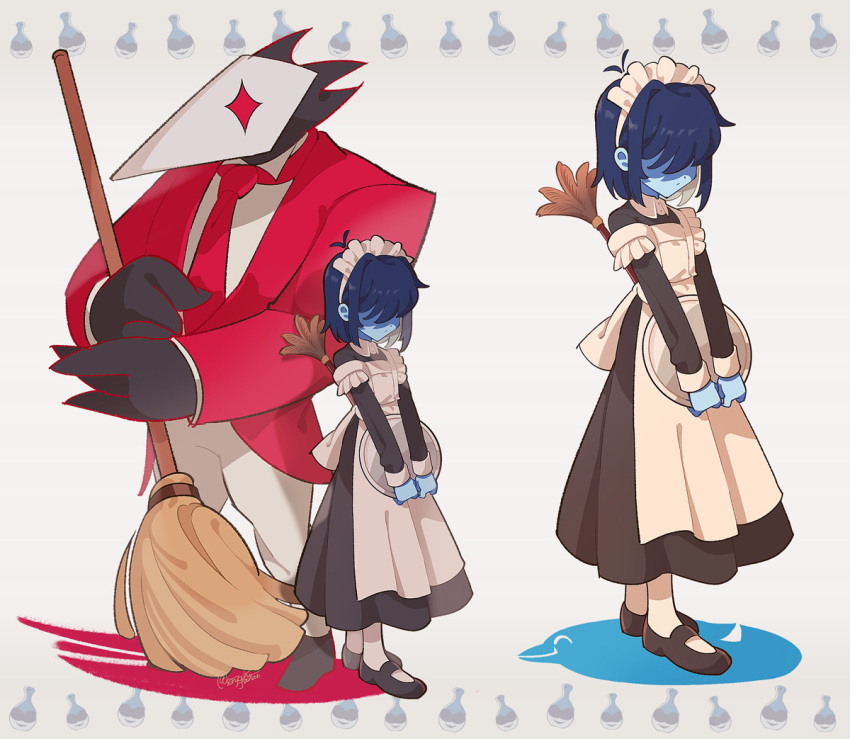 1boy 1other alternate_costume apron black_dress black_footwear blue_hair blue_skin broom closed_mouth colored_skin commentary deltarune dress duster enmaided feather_duster holding holding_broom holding_tray kris_(deltarune) maid maid_headdress male_focus multiple_views necktie protected_link red_necktie senjochi_janai shaded_face short_hair simple_background standing swatchling_(deltarune) tray twitter_username white_apron white_legwear