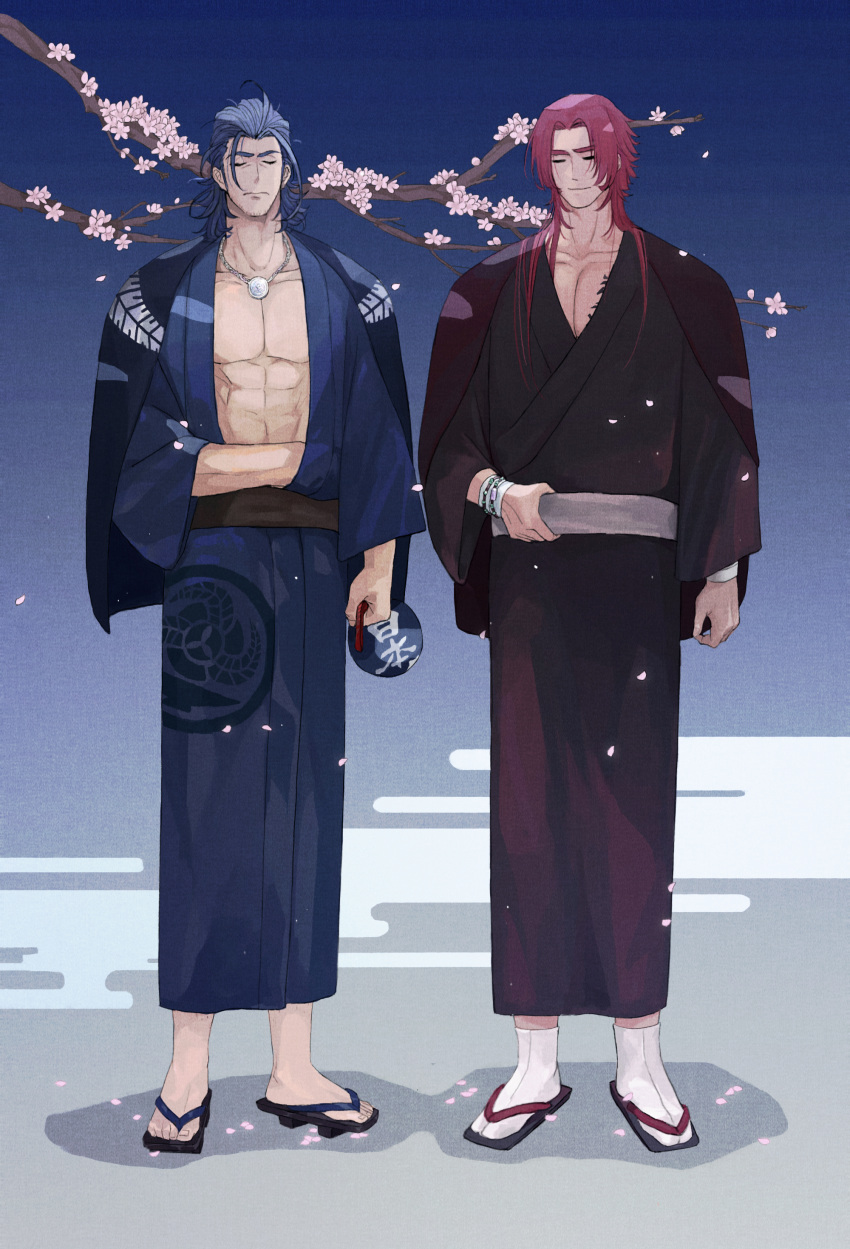 2boys abs absurdres bad_id bad_pixiv_id bead_bracelet beads black_hair bracelet cherry_blossoms closed_eyes egasumi facial_hair falling_petals full_body geta haori highres holding japanese_clothes jewelry kimono long_sideburns male_focus multiple_boys muscular muscular_male necklace nihongou_(touken_ranbu) open_clothes open_kimono parted_bangs pectoral_cleavage pectorals petals red_hair sandals shitakawa short_hair_with_long_locks sideburns sidelocks stubble tabi tattoo thick_eyebrows tonbokiri_(touken_ranbu) touken_ranbu yukata zouri