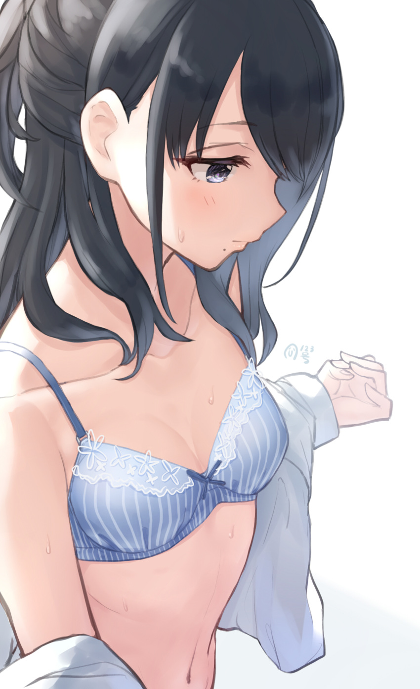 black_hair blue_bra blue_eyes bra breasts closed_mouth commentary_request female highres idolmaster idolmaster_shiny_colors kazano_hiori kijibato_123-gou medium_breasts mole mole_under_mouth navel short_hair signature simple_background solo underwear upper_body wet white_background