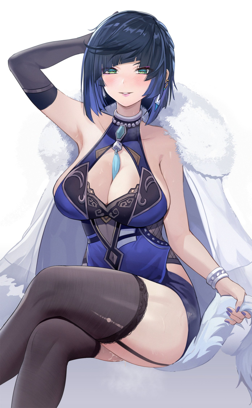 arm_behind_head arm_up armpits bare_shoulders between_breasts black_gloves black_thighhighs blue_hair blush bracelet breasts cbmus cleavage cleavage_cutout clothing_cutout coat coat_on_shoulders commentary_request covered_collarbone crossed_legs dress earrings elbow_gloves female fingernails fur_trim garter_straps genshin_impact gloves green_eyes highres jewelry large_breasts lips nail_polish parted_lips short_dress short_hair simple_background single_glove sitting sleeveless smile solo suggestive_fluid sweat sweatdrop thighhighs torn_clothes torn_thighhighs white_background yelan_(genshin_impact)