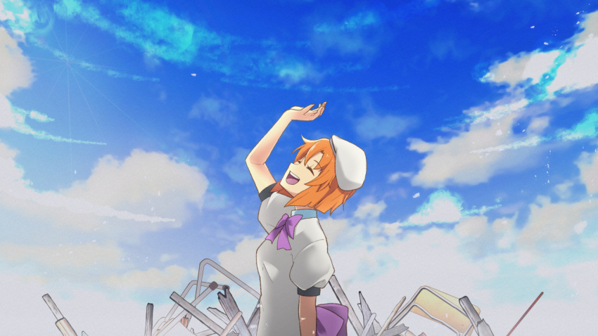 ascot chair closed_eyes cloud dress female hat henceforth_(vocaloid) higurashi_no_naku_koro_ni night open_mouth orange_hair parody pink_ascot reaching reaching_towards_viewer ryuuguu_rena sky smile solo tonogai_yoshiki