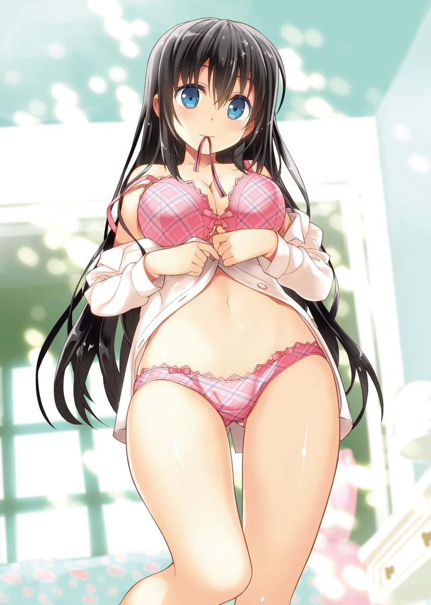 29_to_jk absurdres ass_visible_through_thighs black_hair blue_eyes blurry blurry_background bra breasts cleavage collared_shirt commentary_request dress_shirt female from_below hair_between_eyes highres large_breasts light_blush long_hair long_sleeves minamisato_karen mouth_hold navel novel_illustration off_shoulder official_art open_clothes open_shirt panties pink_bra pink_panties plaid plaid_bra plaid_panties ribbon ribbon_in_mouth second-party_source shiny_skin shirt solo strap_slip textless_version thighs underwear undressing white_shirt yan-yam