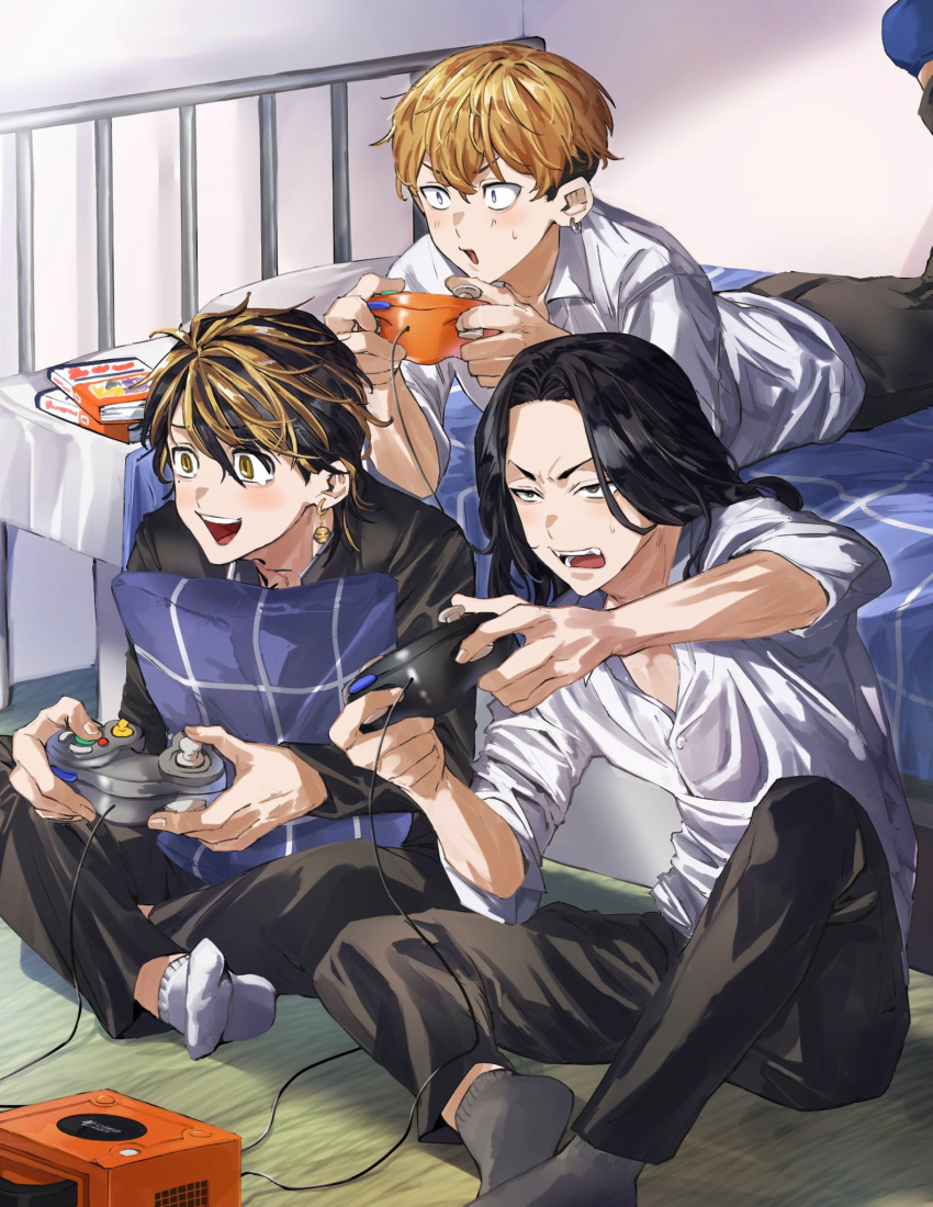 3boys baji_keisuke black_eyes black_hair black_jacket black_pants blonde_hair collared_shirt controller earrings full_body game_console gamecube gamecube_controller hanemiya_kazutora highres holding holding_controller indoors jacket jewelry knee_up long_hair looking_away lying male_focus matsuno_chifuyu mole mole_under_eye multicolored_hair multiple_boys naka_(58hrprtr) on_stomach open_mouth pants pillow shirt single_earring sitting sleeves_rolled_up smile socks sweatdrop tokyo_revengers two-tone_hair undercut white_shirt yellow_eyes