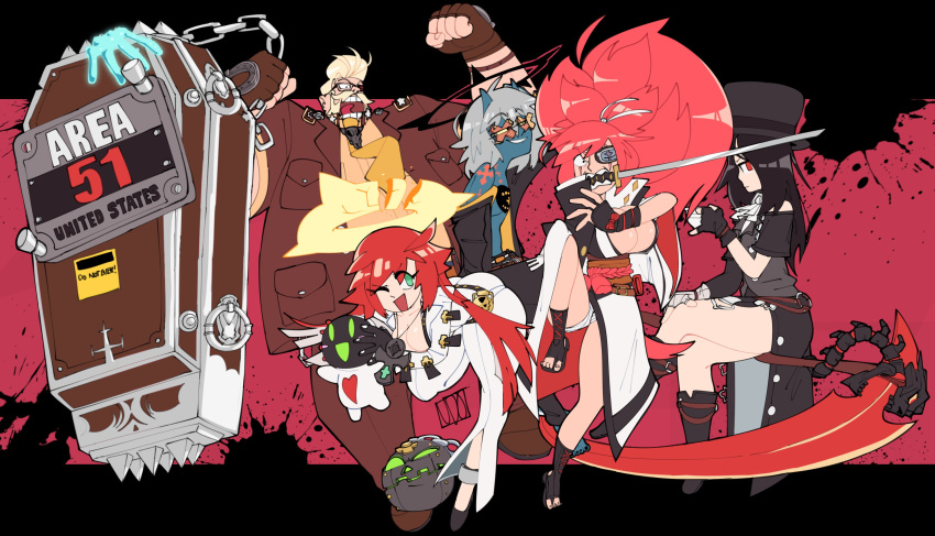 1other 2boys 2girls absurdres androgynous baiken bodysuit coffin goldlewis_dickinson goth_fashion guilty_gear guilty_gear_strive halo happy_chaos hat highres jack-o'_valentine japanese_clothes kimono long_hair multiple_boys multiple_girls red_hair samurai spiked_halo testament_(guilty_gear) top_hat udonoki