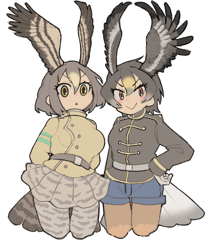 2girls :< absurdres bad_id bad_twitter_id belt bird_tail blush cropped_legs gloves golden_eagle_(kemono_friends) head_wings highres igarashi_(nogiheta) kemono_friends multiple_girls peregrine_falcon_(kemono_friends) peregrine_falcon_(kemono_friends)_(old_design) shorts skirt tail thighhighs triangle_mouth uniform v-shaped_eyebrows wings yellow_eyes