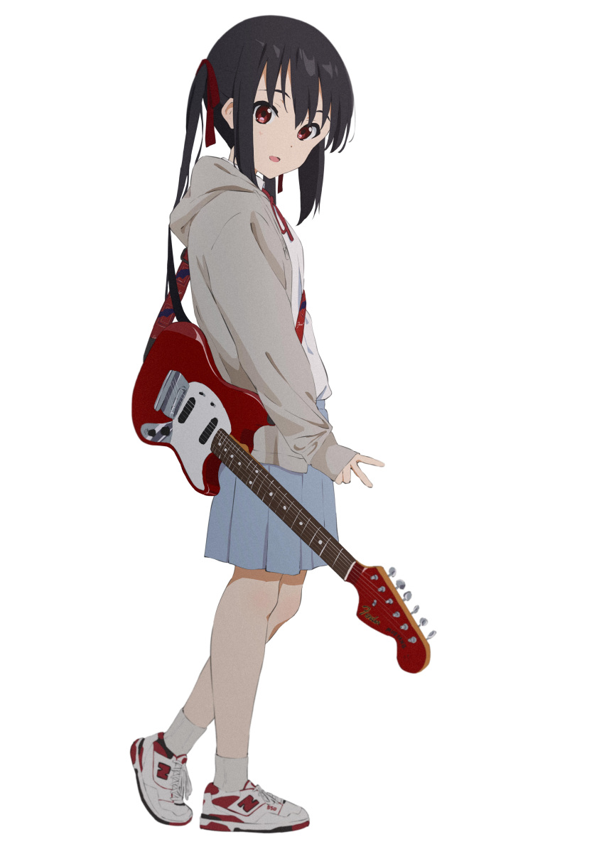 absurdres anime_coloring black_hair blue_skirt brown_eyes collared_shirt commentary_request electric_guitar female fender_mustang film_grain from_side full_body grey_hoodie guitar hair_ribbon highres hood hoodie instrument k-on! long_hair long_sleeves looking_at_viewer looking_to_the_side nakano_azusa neck_ribbon open_clothes open_hoodie open_mouth pleated_skirt red_footwear red_ribbon ribbon sakuragaoka_high_school_uniform sakurayama_(59_sakurayama) school_uniform shirt shoes sidelocks simple_background skirt sleeves_past_wrists sneakers socks solo standing twintails two-tone_footwear v white_background white_footwear white_shirt white_socks winter_uniform