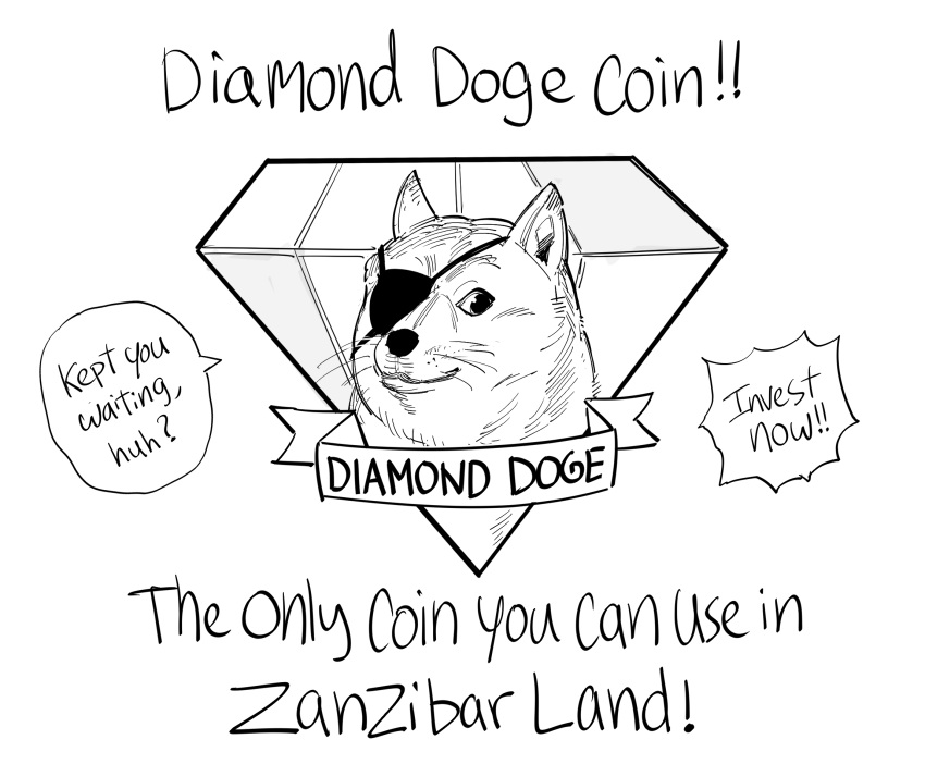 bb_(baalbuddy) canine cryptocurrency diamond_(shape) diamond_dogs doge english_commentary english_text eyepatch greyscale highres meme metal_gear_(series) metal_gear_solid_v:_the_phantom_pain monochrome shiba_inu simple_background speech_bubble white_background