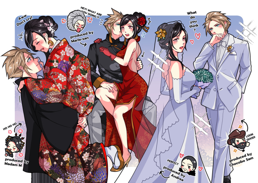 3boys 3girls andrea_rhodea babigonice bare_shoulders black_hair blonde_hair blue_eyes blush bouquet bow bowtie breasts bridal_veil chinese_clothes chocobo_sam cloud_strife couple detached_sleeves dress earrings english_text final_fantasy final_fantasy_vii final_fantasy_vii_remake flower formal gloves hair_flower hair_ornament hand_on_another's_thigh holding japanese_clothes jewelry large_breasts long_hair madam_m marle_(ff7r) multiple_boys multiple_girls red_dress red_eyes red_gloves spiked_hair straight suit tifa_lockhart veil wedding_dress white_bow white_bowtie white_dress