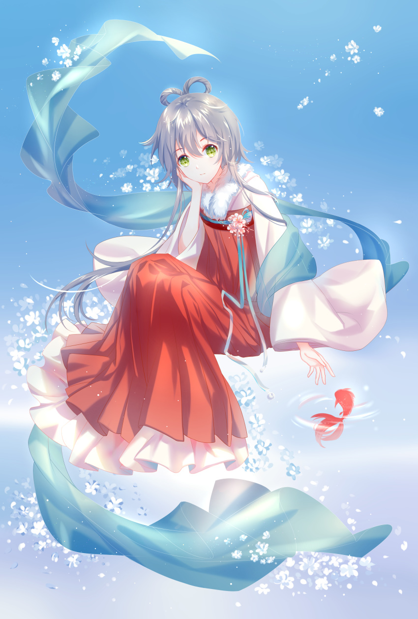 absurdres blue_background chinese_clothes commentary_request dress female fish floating_hair full_body green_eyes grey_hair hair_between_eyes hanfu head_rest highres invisible_chair long_dress long_hair long_sleeves looking_at_viewer luo_tianyi photoshop_(medium) qixiong_ruqun red_dress ruqun sitting solo strapless strapless_dress twintails very_long_hair vocaloid vsinger yaduo