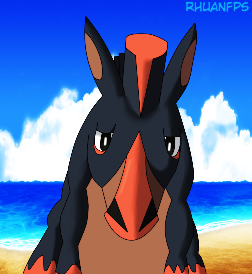 2016 absurd_res ambiguous_gender beach detailed_background equid generation_7_pokemon heart_symbol hi_res mammal mudsdale nintendo outside pokemon pokemon_(species) rk sand sea seaside sky solo water