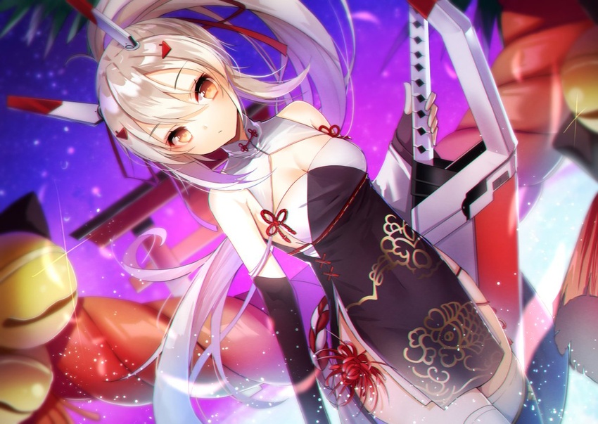 amahara_pekozaemon ayanami_(azur_lane) ayanami_(lunar_demon)_(azur_lane) azur_lane bare_shoulders blush breasts brown_dress brown_eyes brown_gloves china_dress chinese_clothes cleavage cleavage_cutout closed_mouth clothing_cutout commentary_request detached_sleeves dress dutch_angle elbow_gloves female fingerless_gloves gloves hair_between_eyes hair_ornament hair_ribbon hairclip head_tilt headgear holding holding_sword holding_weapon light_brown_hair long_hair long_sleeves looking_at_viewer medium_breasts official_alternate_costume ponytail protected_link red_ribbon ribbon sidelocks single_detached_sleeve sleeveless sleeveless_dress solo sword thighhighs torii very_long_hair weapon white_sleeves white_thighhighs wide_sleeves