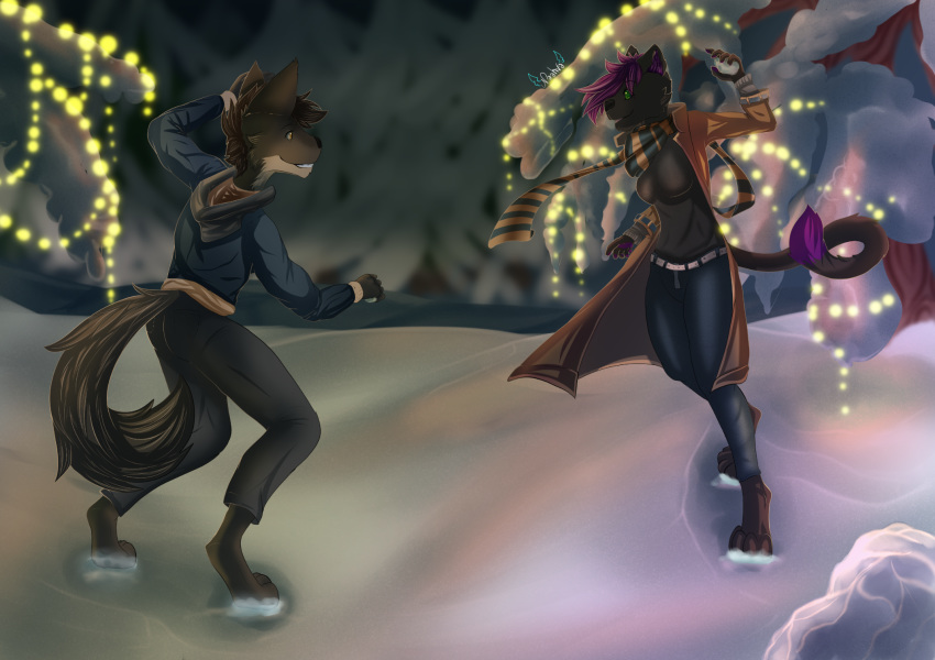 2019 anthro big_breasts breasts canid canine canis clothed clothing digital_media_(artwork) duo eye_contact felid female fight forest fully_clothed hi_res laugh looking_at_another male mammal naahva outside pantherine plant running smile snow snowball_fight tree wolf