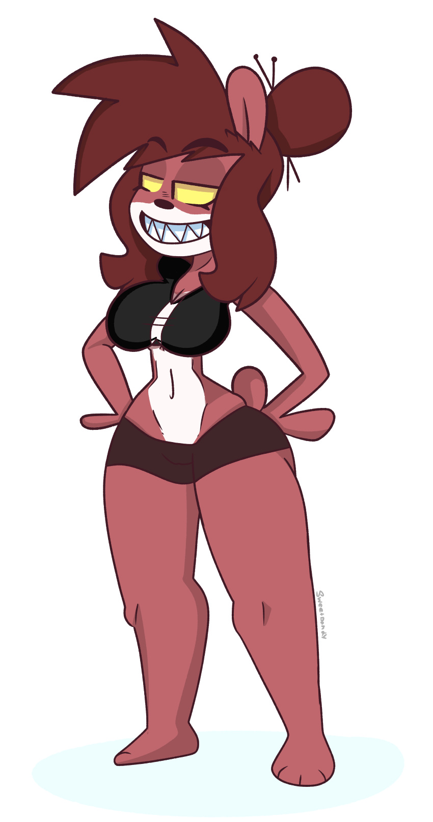 absurd_res ailurid bear bottomwear carnivia_ribeye clothing female giant_panda hair hair_bun half-closed_eyes hi_res hoodie_vest mammal monamania narrowed_eyes red_panda sharp_teeth shorts solo spandex spandex_shorts teeth thick_thighs tight_bottomwear tight_clothing tight_shorts