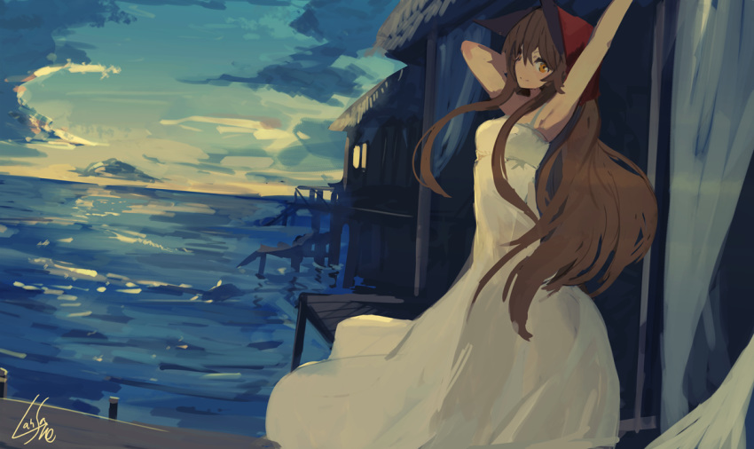 armpits blue_sky brown_eyes brown_hair cloud cloudy_sky dress female hands_up head_scarf horizon lansane long_dress long_hair looking_at_viewer ocean original outdoors signature sky smile solo standing sunset tsana_(lansane) water white_dress