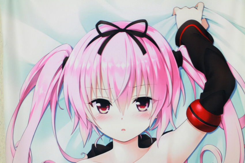 arm_up armpits dakimakura_(medium) detached_sleeves female highres long_hair lying nana_asta_deviluke on_back open_mouth photo_(medium) pink_eyes pink_hair portrait ribbon sakura_misaki_(sakura_densetsu) solo to_love-ru topless twintails