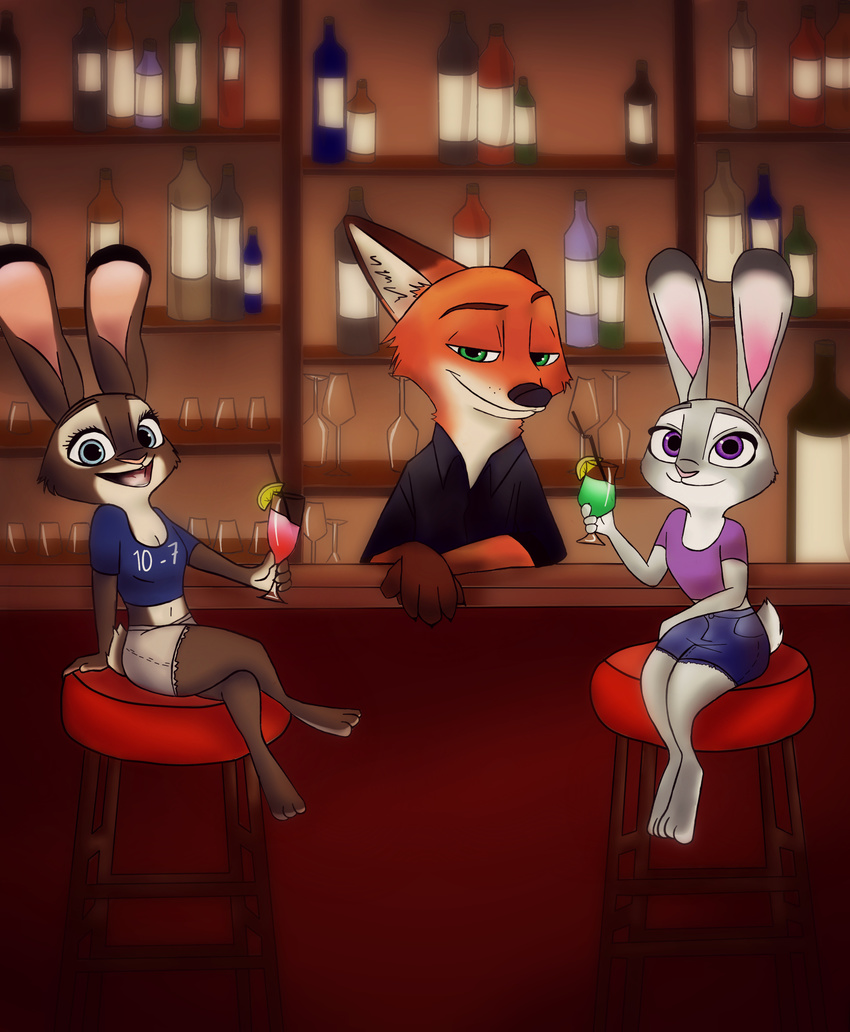 2017 absurd_res alcohol anthro beverage black_nose blue_eyes bottomwear breasts brown_body brown_fur canid canine cleavage clothed clothing crossed_legs cutoffs denim denim_bottomwear denim_clothing dipstick_ears disney ear_markings fan_character female fox fur green_eyes grey_body grey_fur group hi_res holding_object inside judy_hopps lagomorph leporid looking_at_viewer male mammal midriff multicolored_ears navel nick_wilde ocerydia open_mouth open_smile orange_body orange_fur pink_nose purple_eyes rabbit red_fox scut_tail shirt short_tail shorts sitting smile tail topwear trisha_rose_(bluelighthouse) true_fox zootopia