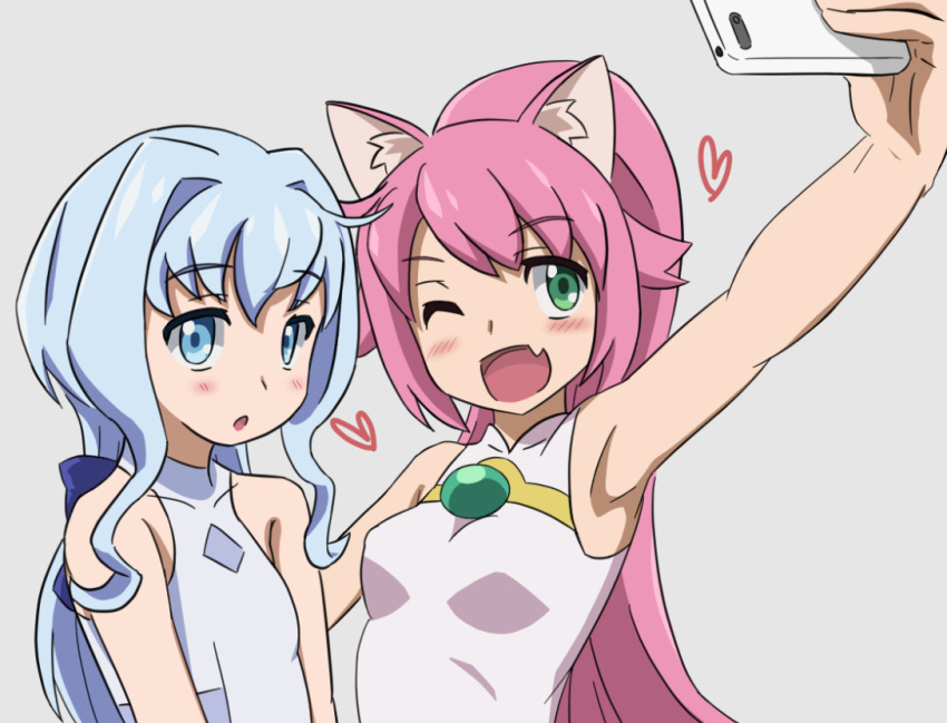 2girls animal_ears arm_up armpits blue_eyes blue_hair blush cat_ears cellphone commentary_request dress gottsunko green_eyes gundam gundam_build_divers hair_intakes long_hair momo_(gundam_build_divers) multiple_girls oerba_yun_fang one_eye_closed open_mouth phone pink_hair ponytail sara_(gundam_build_divers) selfie shirt sleeveless sleeveless_dress sleeveless_shirt smartphone smile taking_picture upper_body white_dress white_shirt yashiro_momoka