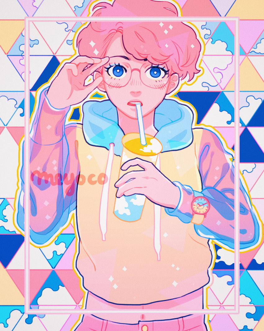 artist_name bad_id bad_instagram_id blue_eyes blush cup drawstring drinking_straw female glasses highres hood hood_down hoodie looking_at_viewer meyoco midriff_peek navel original pants pink_hair pink_pants print_cup short_hair sky_print solo sparkle transparent triangle upper_body watch wristwatch