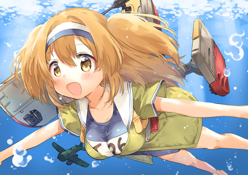 absurdres air_bubble breasts brown_eyes bubble cannon clothes_writing commentary_request female hairband highres i-26_(kancolle) kantai_collection large_breasts light_brown_hair long_hair machinery name_tag new_school_swimsuit ocean one-piece_swimsuit open_mouth sailor_collar school_swimsuit seaplane short_sleeves smile solo sunlight swimming swimsuit swimsuit_under_clothes two-tone_hairband two_side_up underwater water zuho_(vega)