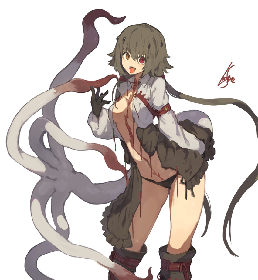 :d arm_belt black_panties boots breasts fangs female grey_hair heterochromia highres jacket lansane long_hair long_sleeves looking_at_viewer medium_breasts monster_girl no_bra open_clothes open_jacket open_mouth orange_eyes original panties red_eyes scar signature simple_background smile solo standing tail tentacle tongue tongue_out underwear vararia_(lansane) very_long_hair white_background