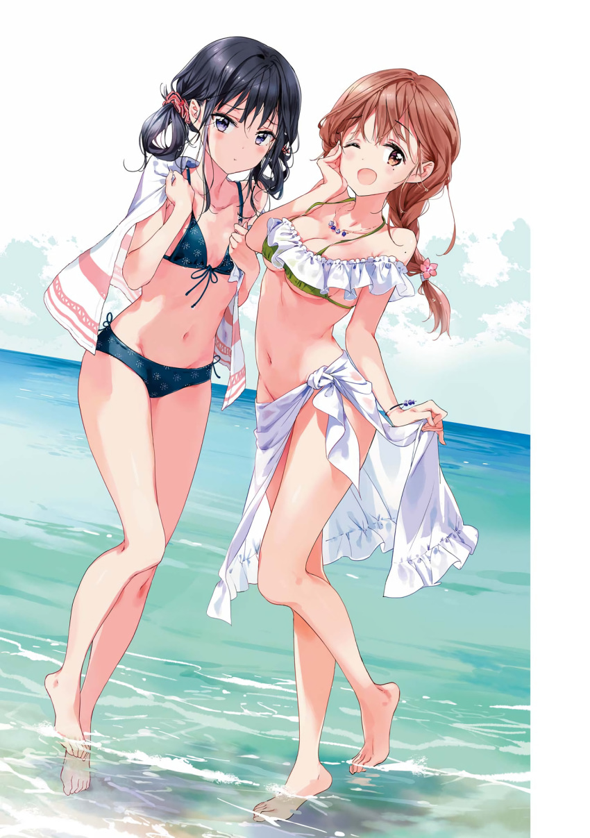 2girls ;d adagaki_aki barefoot bikini bikini_top_only black_bikini black_eyes black_hair blush bracelet braid breasts brown_hair cleavage collarbone day dutch_angle flat_chest flower front-tie_bikini_top front-tie_top fujinomiya_neko full_body green_bikini groin hair_between_eyes hair_flower hair_ornament hair_scrunchie hand_on_own_cheek hand_on_own_face highres jewelry long_hair looking_at_viewer masamune-kun_no_revenge medium_breasts mole mole_under_eye multiple_girls navel necklace ocean one_eye_closed open_mouth outdoors pink_flower ponytail print_bikini red_scrunchie sarong scrunchie sideboob single_braid skirt_hold smile standing standing_on_one_leg swimsuit tied_hair tiv underboob wading