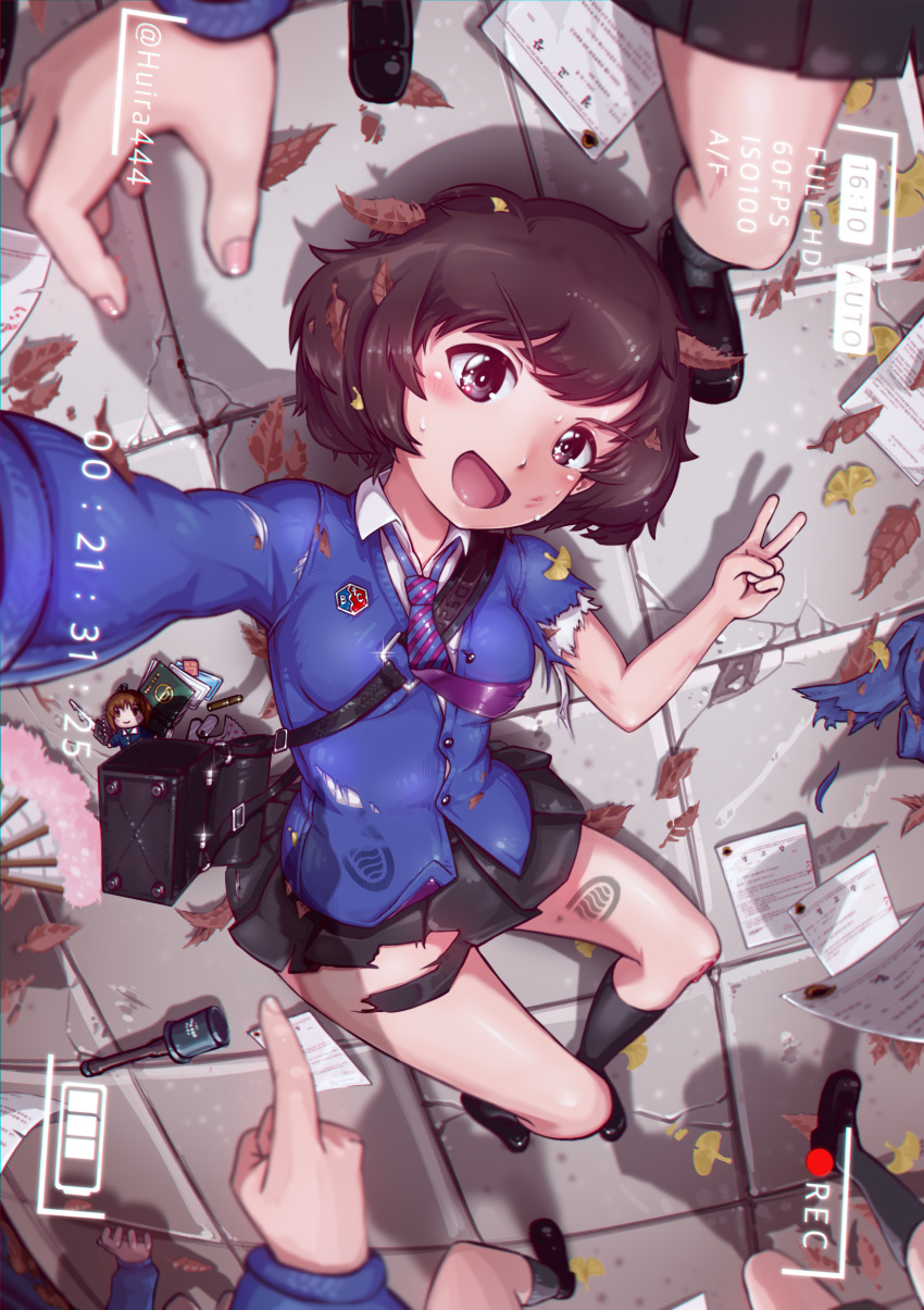 :d absurdres akiyama_yukari bag bc_freedom_(emblem) bc_freedom_school_uniform black_footwear black_skirt black_socks blue_necktie blue_sweater blurry blurry_foreground brown_eyes brown_hair card cardigan character_doll charm_(object) commentary_request day depth_of_field diagonal_stripes dirty dirty_clothes dog_tags dress_shirt emblem english_text explosive eyebrows female folding_fan footprints foreshortening from_above girls_und_panzer grenade hand_fan handbag highres huira444 korean_commentary leaf loafers long_sleeves looking_at_viewer loose_necktie lying messy_hair miniskirt necktie nishizumi_miho on_back on_ground open_mouth out_of_frame outdoors paper pleated_skirt pointing purple_necktie reaching reaching_towards_viewer recording rotated school_uniform selfie shadow shirt shoes short_hair skirt smile socks solo_focus sparkle stone_floor striped striped_necktie sweater timestamp torn_clothes twitter_username v viewfinder white_shirt wing_collar