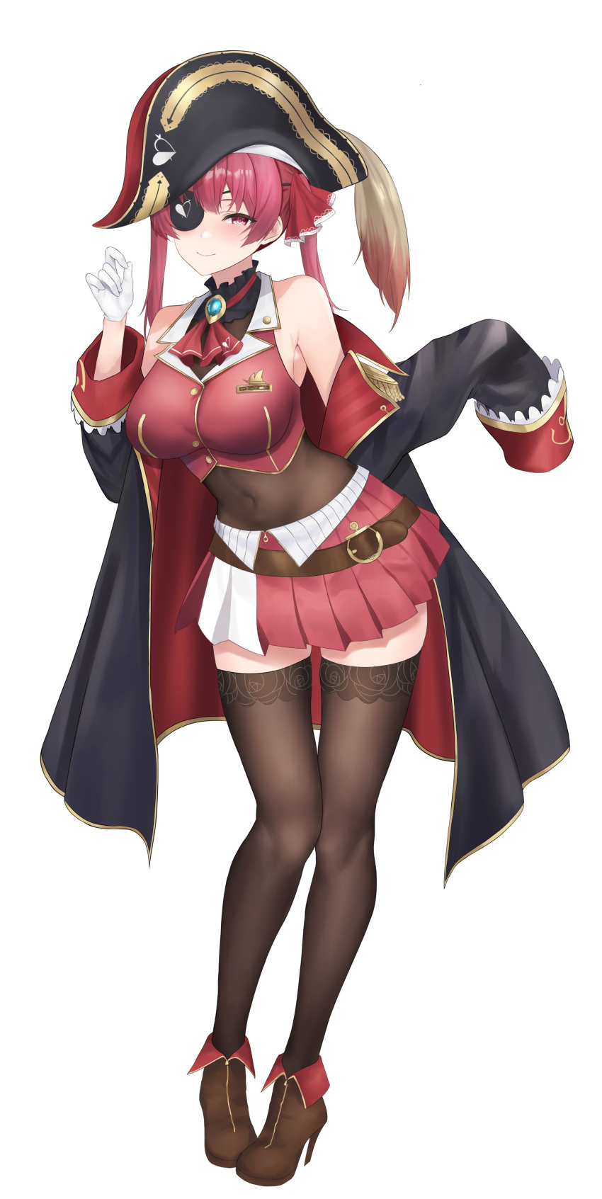 admiral_hat belly belly_button belly_visible_through_clothing big_breasts breasts coat coat_down curves curvy exposed_shoulders eye_patch glove gloves heterochromia hololive hololive_fantasy hololive_japan houshou_marine large_breasts pink_eyes pirate red_hair redhead saeu see-through_clothing shoulders thick thick_thighs thigh_highs thighhighs thighs tummy virtual_youtuber wine_colored_hair