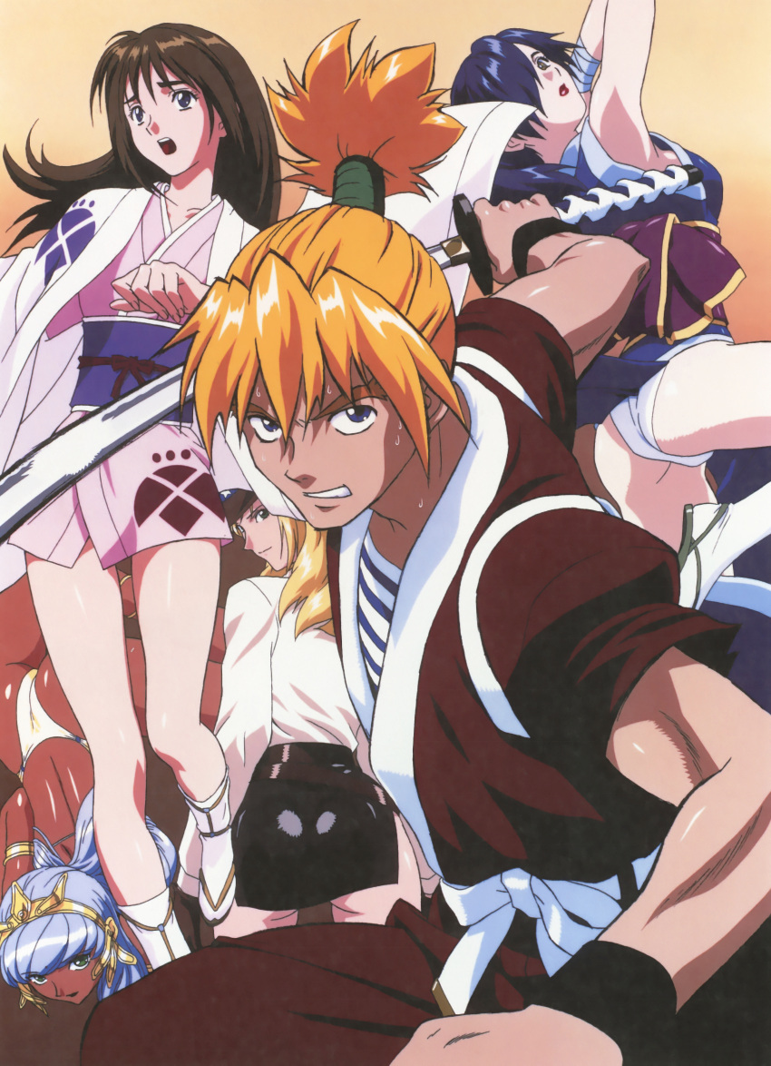 1990s_(style) 1boy 4girls absurdres aoi_natsu armlet ass bare_shoulders bikini black_hair blonde_hair blue_eyes blue_hair breasts carrie_white collarbone erola_suppaatoka fundoshi galan_(honoo_no_labyrinth) green_eyes grey_hair hair_ornament hair_over_one_eye hat high_ponytail highres holding holding_sword holding_weapon honoo_no_labyrinth japanese_clothes jewelry kimono large_breasts long_hair looking_at_viewer medium_breasts multiple_girls nastassja_nijinsky official_art open_mouth panties ponytail red_eyes red_lips retro_artstyle sash scan short_hair smile swimsuit sword tabi thighs tiara topless underwear weapon white_legwear white_panties yamauchi_noriyasu