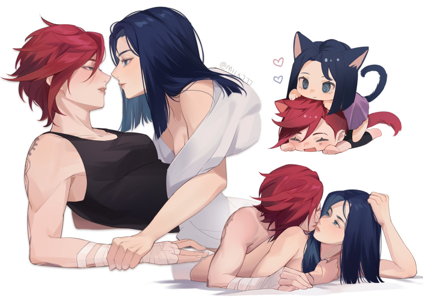 2girls animal_ears arm_tattoo artist_name bandaged_arm bandages blue_eyes blue_hair caitlyn_(league_of_legends) cat_ears cat_girl cat_tail chibi closed_eyes commentary_request couple eye_contact face-to-face half-closed_eyes heart highres holding_another's_wrist imminent_kiss kemonomimi_mode kissing kissing_cheek league_of_legends looking_at_another miix777 multiple_girls multiple_views open_mouth parted_lips red_hair short_hair simple_background smile tail tattoo toned twitter_username vi_(league_of_legends) white_background yuri