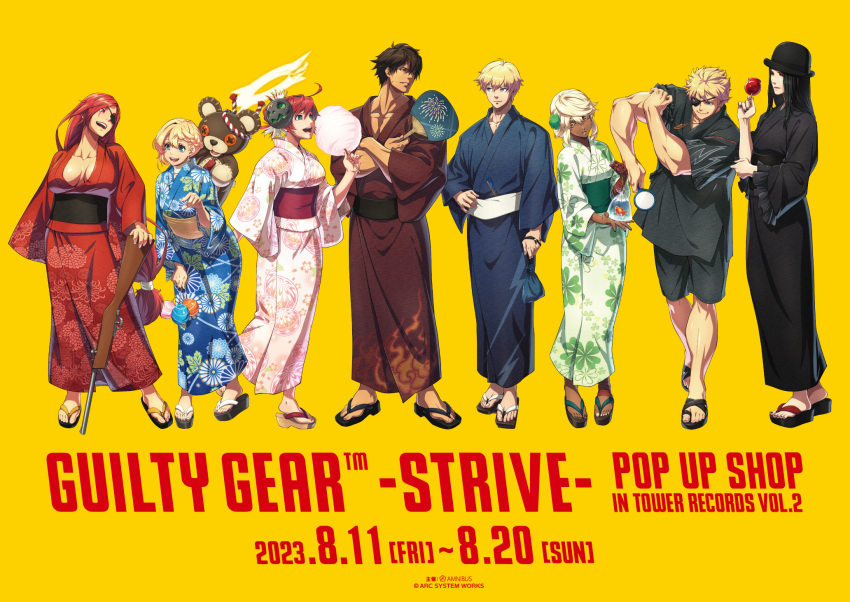 1other 3girls 4boys bag bagged_fish baiken black_hair black_headwear blonde_hair bowler_hat breasts bridget candy_apple cleavage cotton_candy dark-skinned_female dark_skin eyepatch fish floral_print food full_body goldfish guilty_gear guilty_gear_strive guilty_gear_strive_x_tower_records gun hand_fan hat hidehiko_sakamura highres jack-o'_valentine japanese_clothes kimono ky_kiske long_hair low-tied_long_hair mask mask_on_head multiple_boys multiple_girls official_alternate_costume official_alternate_hairstyle official_art otoko_no_ko plastic_bag poi_(goldfish_scoop) print_kimono ramlethal_valentine red_hair rifle roger_(guilty_gear) sandals sin_kiske sol_badguy standing summer_festival testament_(guilty_gear) tower_records very_long_hair water_yoyo weapon yellow_background zouri