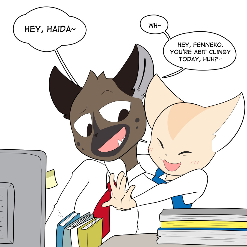 1:1 aggretsuko anthro blush bran-draws-things canid canine closed_eyes duo eyebrows female fennec_fox fenneko fox haida_(aggretsuko) hi_res hyena male male/female mammal necktie raised_eyebrow sanrio simple_background spotted_hyena true_fox