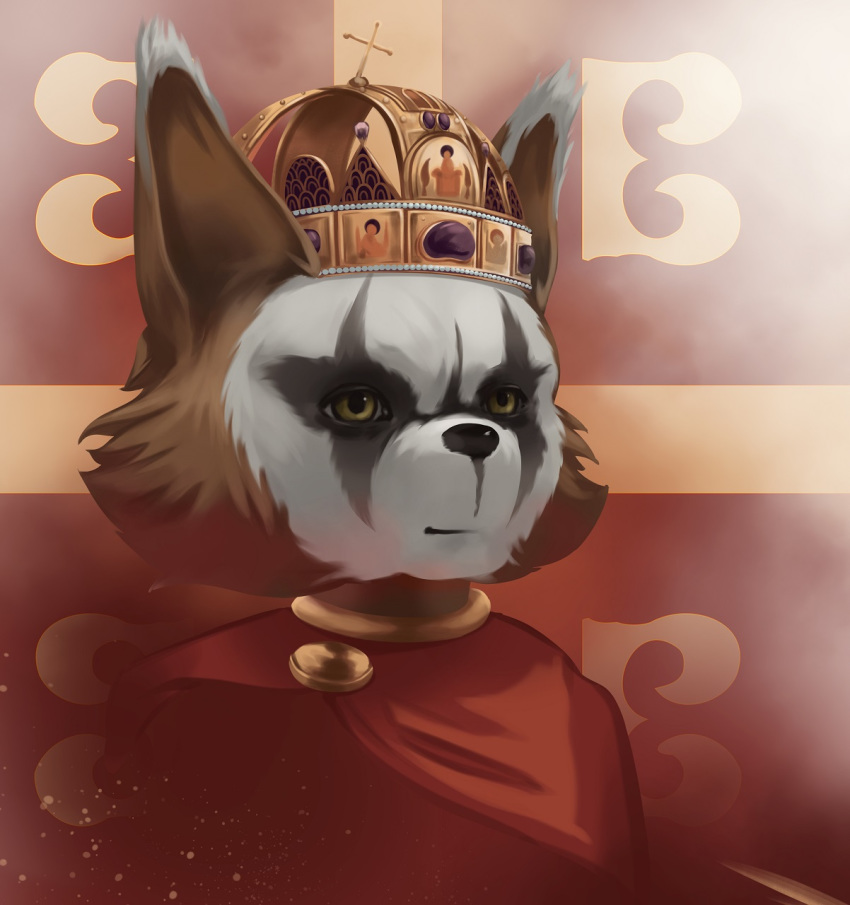 2018 anthro big_ears biomutant black_nose breed_(biomutant) brown_body brown_fur bust_portrait byzantine byzantine_flag close-up clothed clothing cross crown detailed dress emperor experiment_101 flag flag_background fur grey_body grey_fur headgear hi_res looking_away male mammal multicolored_body multicolored_fur portrait primal_(biomutant) procyonid protagonist_(biomutant) raccoon red_background royalty simple_background smile smirk solo thepimpartist thq_nordic traditional_media_(artwork) white_body white_fur yellow_background yellow_eyes