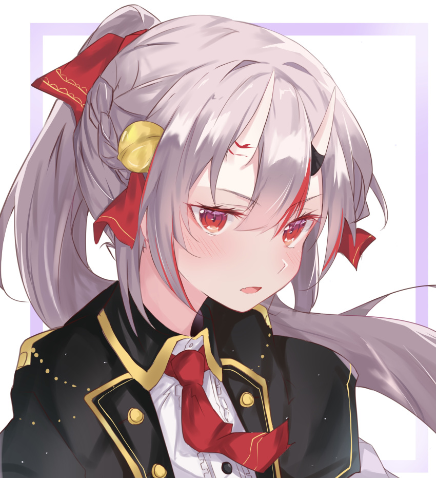 absurdres alternate_costume alternate_hairstyle bad_id bad_pixiv_id bell black_jacket blush braid female floating_hair french_braid grey_hair hair_bell hair_between_eyes hair_ornament hair_ribbon highres hololive horns jacket jingle_bell long_hair looking_at_viewer military military_uniform multicolored_hair nakiri_ayame necktie nono_i831 oerba_yun_fang oni open_mouth ponytail red_eyes red_hair red_necktie red_ribbon ribbon shirt sidelocks skin-covered_horns skin_fang solo streaked_hair uniform upper_body virtual_youtuber white_background white_shirt