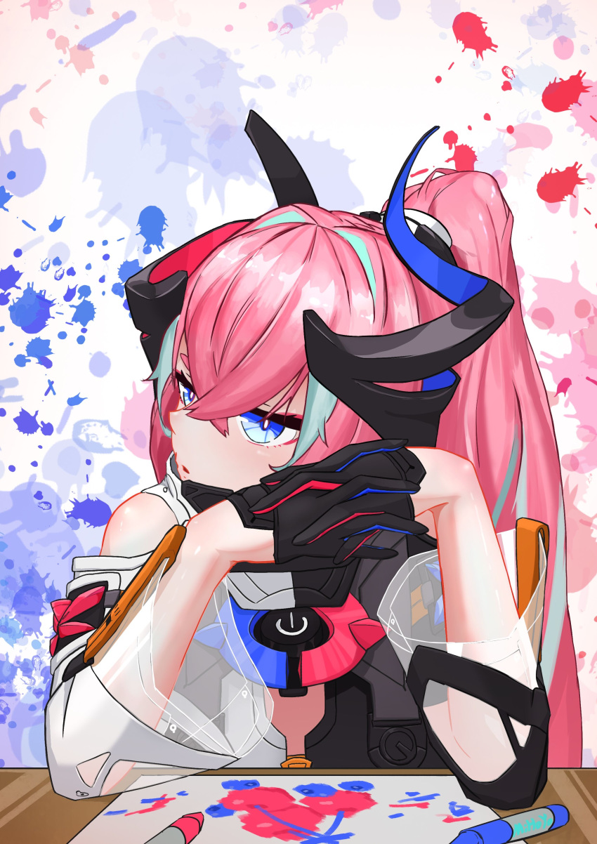 absurdres black_gloves blue_eyes blue_hair cakypa commentary_request crossed_bangs female gloves head_rest highres honkai_(series) honkai_impact_3rd horns long_hair looking_away marker multicolored_hair paint_splatter paper pink_hair ponytail rozaliya_olenyeva rozaliya_olenyeva_(fervent_tempo) solo splatter_background straight_hair streaked_hair