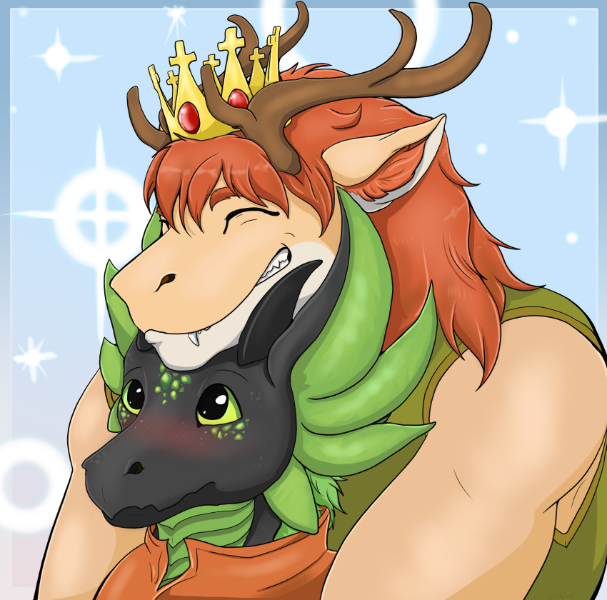 absurd_res anthro antlers athletic athletic_male blush chin_on_head close-up closed_eyes crown day dragon duo fangs gift glistening glistening_body glistening_scales grin headgear hi_res horn hug hugging_another hugging_from_behind kyukyu livenlove7 looking_at_another male mane medieval medieval_clothing muscular muscular_male mythological_creature mythological_scalie mythology prince prince_borgon royalty scales scalie size_difference smile teeth tender