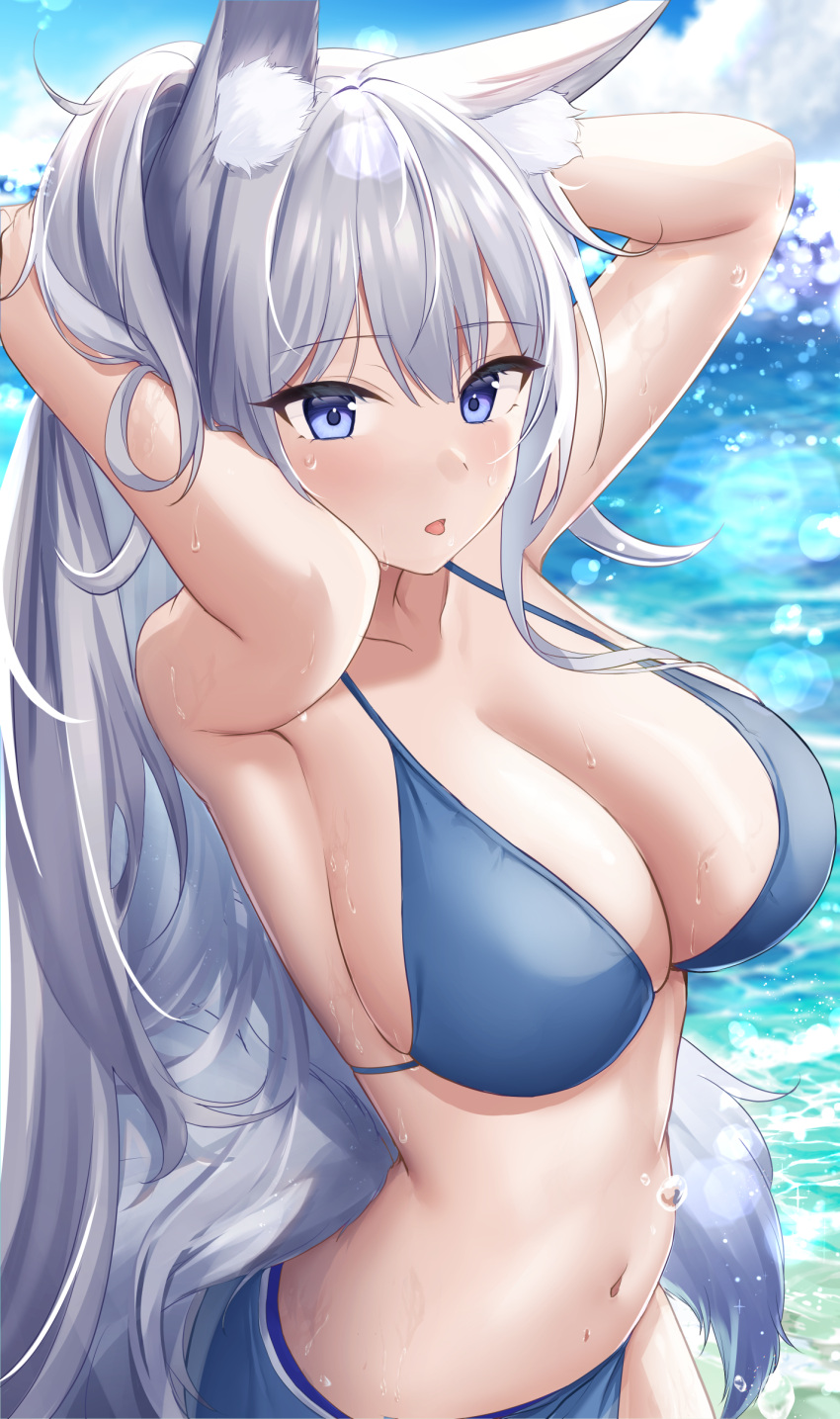 absurdres animal_ears arms_up azur_lane bikini blue_bikini blue_eyes blush breasts cleavage day female fox_ears fox_girl fox_tail grey_hair highres jyu-so large_breasts long_hair looking_at_viewer md5_mismatch outdoors parted_lips shinano_(azur_lane) solo stomach swimsuit tail water wet