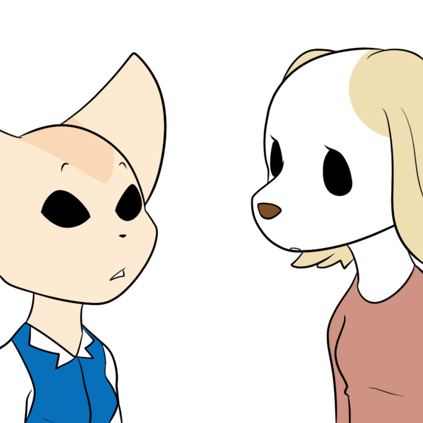 1:1 aggretsuko anthro borzoi bran-draws-things canid canine canis clothed clothing domestic_dog duo eye_contact eyebrows female female/female fennec_fox fenneko fox hi_res hunting_dog inui_(aggretsuko) looking_at_another mammal raised_eyebrows sanrio sighthound simple_background true_fox