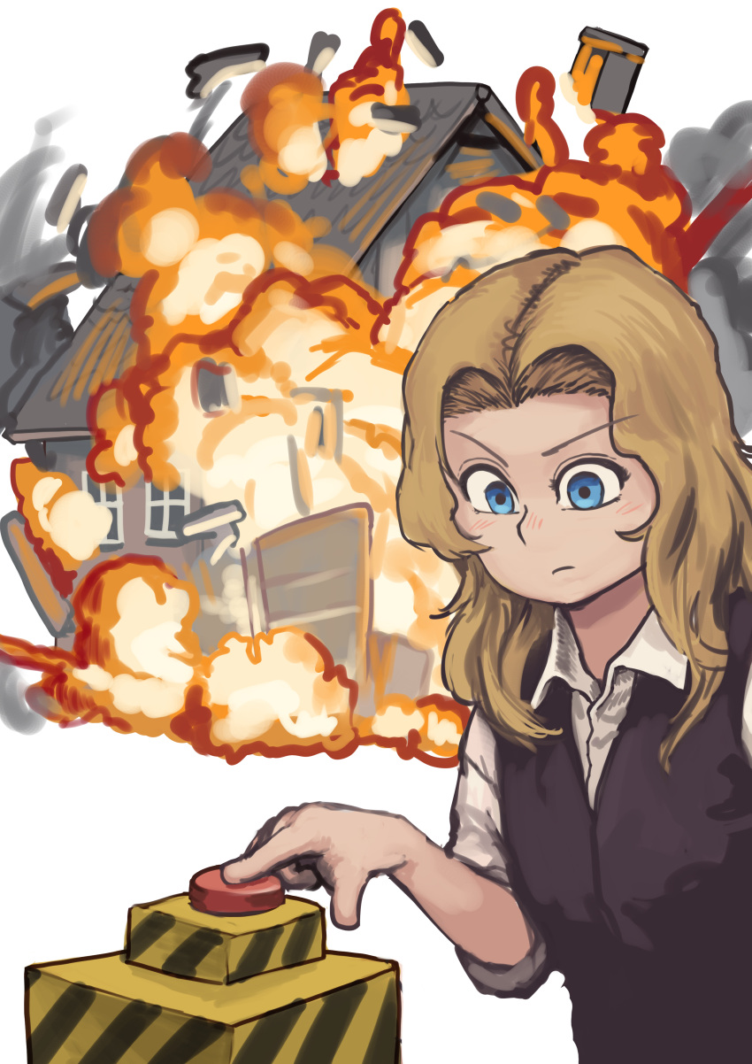 absurdres black_vest blonde_hair blue_eyes chanta_(ayatakaoisii) collared_shirt explosion explosion_gag female highres long_hair original pressing push-button shirt solo upper_body vest white_background white_shirt