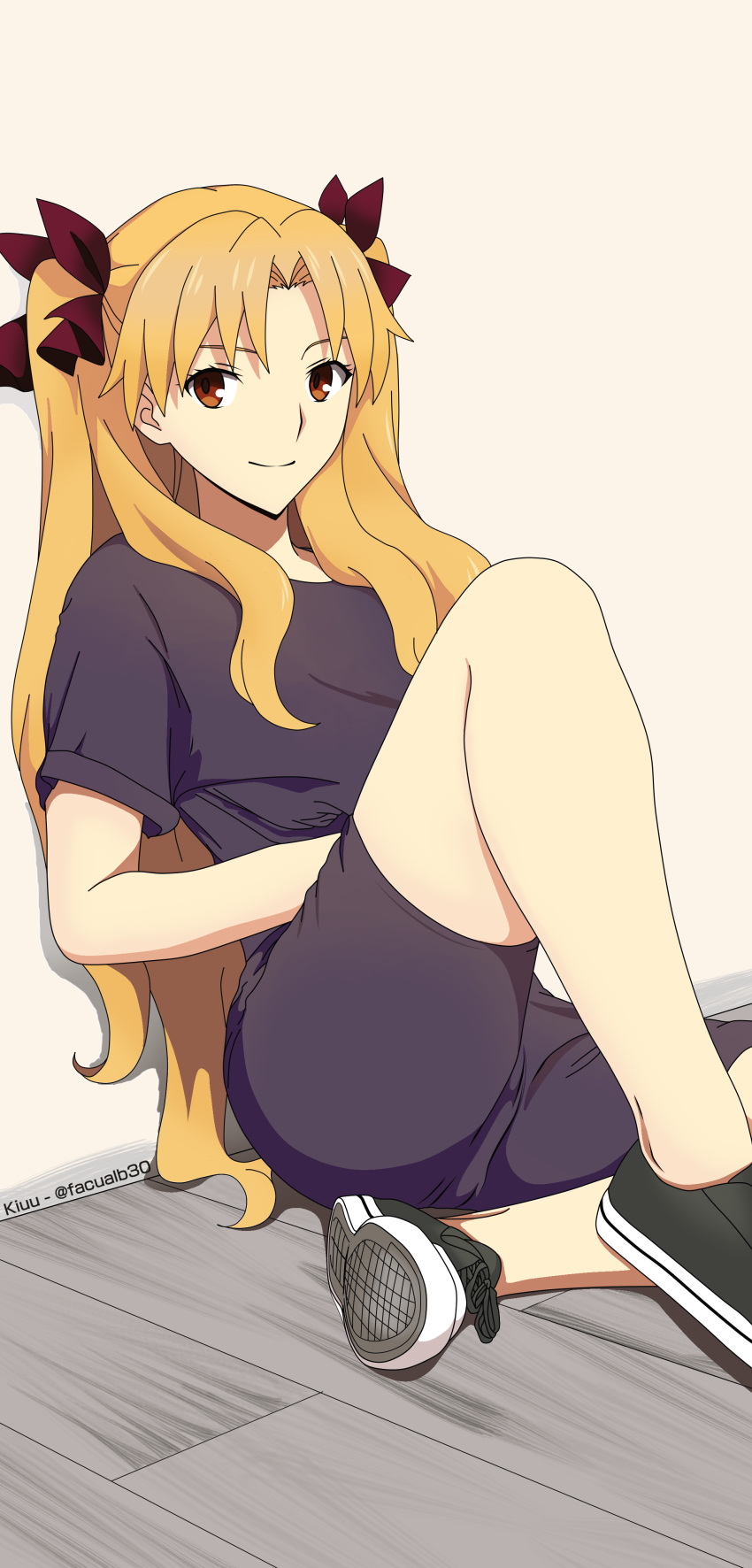 absurdres alternate_costume artist_name black_footwear black_shirt black_shorts blonde_hair brown_eyes cloverworks commentary_request ereshkigal_(fate) fate/grand_order fate_(series) female hair_ribbon highres kiuu long_hair looking_at_viewer parody ribbon self-upload shirt shoes short_sleeves shorts sitting smile sneakers solo style_parody twitter_username two_side_up very_long_hair