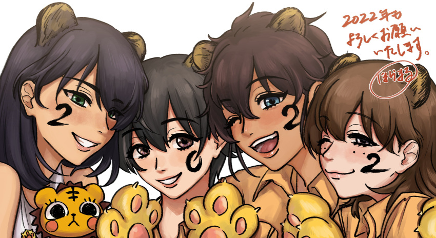 2022 4girls absurdres animal_ears animal_hands artist_name black_hair blue_eyes bob_cut brown_eyes brown_hair chinese_zodiac closed_mouth commentary dark-skinned_female dark_skin facepaint freckles girls_und_panzer gloves green_eyes grin half-closed_eyes highres hora_maru_mate hoshino_(girls_und_panzer) jumpsuit leopon_(animal) long_sleeves looking_at_viewer mechanic multiple_girls nakajima_(girls_und_panzer) new_year one_eye_closed open_mouth orange_jumpsuit paw_gloves pose shirt short_hair signature smile suzuki_(girls_und_panzer) tank_top tiger_ears translated tsuchiya_(girls_und_panzer) uniform white_background white_shirt year_of_the_tiger