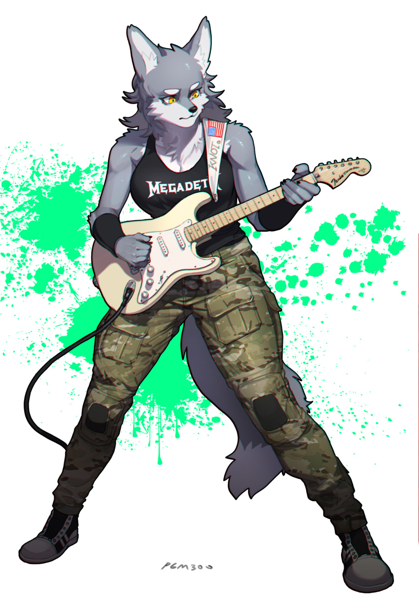 absurd_res american_flag anthro armwear biped breasts camo camo_clothing camo_print canid canine canis cervina chromatic_aberration claws clothed clothing countershading digital_media_(artwork) e electric_guitar english_text eyebrows female fender_musical_instruments_corporation finger_claws footwear fully_clothed fur grey_body grey_fur guitar hair hi_res inner_ear_fluff long_hair mammal medium_breasts megadeth multicolored_body multicolored_fur musical_instrument neck_tuft orange_eyes pattern_clothing pgm300 playing_guitar playing_music plucked_string_instrument shaded shirt shoes signature simple_background solo standing stratocaster string_instrument tank_top text text_on_clothing text_on_shirt text_on_tank_top text_on_topwear tomboy topwear tuft two_tone_body two_tone_fur united_states_of_america white_body white_fur wolf