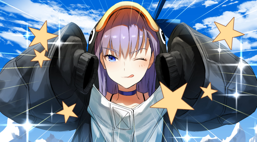 animal_hood black_jacket blue_bow blue_choker blue_eyes blue_sky blush boba bow breasts choker closed_mouth day emotional_engine_-_full_drive fate/grand_order fate_(series) female hair_between_eyes hands_up hood hood_up jacket licking_lips long_hair long_sleeves looking_at_viewer meltryllis_(fate) meltryllis_(swimsuit_lancer)_(fate) meltryllis_(swimsuit_lancer)_(first_ascension)_(fate) one_eye_closed parody penguin_hood purple_hair sky sleeves_past_fingers sleeves_past_wrists smile sparkle star_(symbol) tongue tongue_out