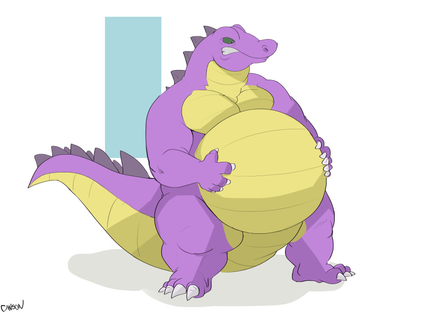 absurd_res alligator alligatorid anthro back_ridge belly big_belly canson crocodilian green_eyes hi_res male octariax purple_body reptile scales scalie solo spike_ridge standing tail thick_tail thick_thighs yellow_belly