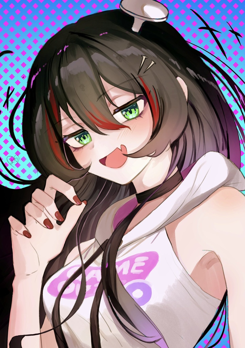 bad_id bad_twitter_id black_hair blush breasts female floating_hair green_eyes hair_behind_ear highres hood hoodie long_hair mako_(tt4zr) medium_breasts mika_melatika mika_melatika_(1st_costume) multicolored_hair nail nail_hair_ornament nijisanji nijisanji_id oerba_yun_fang open_mouth portrait red_hair red_nails skin_fang sleeveless sleeveless_hoodie smile solo streaked_hair virtual_youtuber white_hoodie