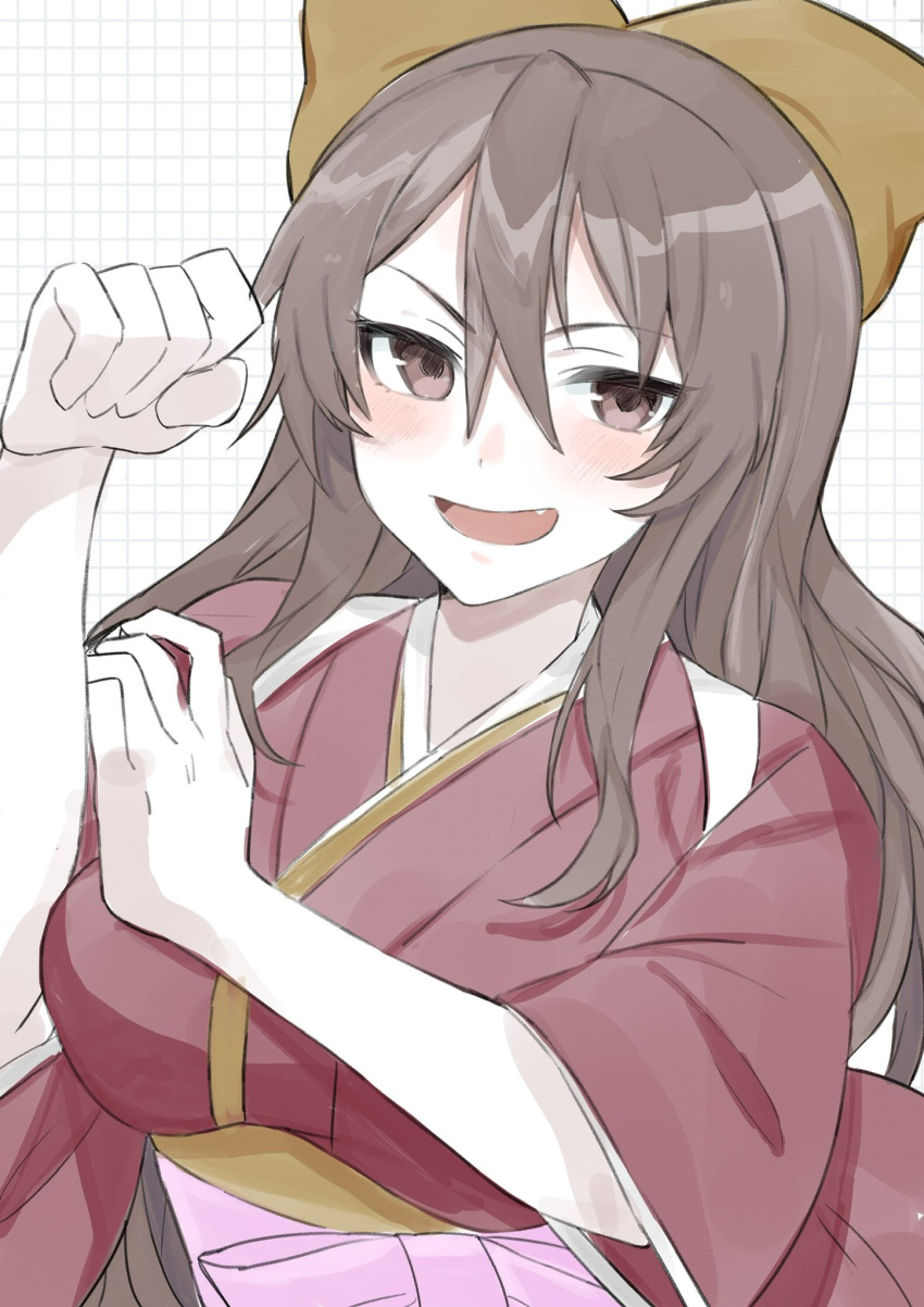 ashigara_(kancolle) blush bow bras_d'honneur breasts brown_eyes clenched_hand cosplay female hair_between_eyes hairbow hakama hand_on_own_arm highres japanese_clothes kamikaze_(kancolle) kamikaze_(kancolle)_(cosplay) kantai_collection kimono large_breasts long_hair long_sleeves looking_at_viewer meiji_schoolgirl_uniform oerba_yun_fang open_mouth pink_hakama red_kimono simple_background solo toriniku_senshi_chikinman yellow_bow