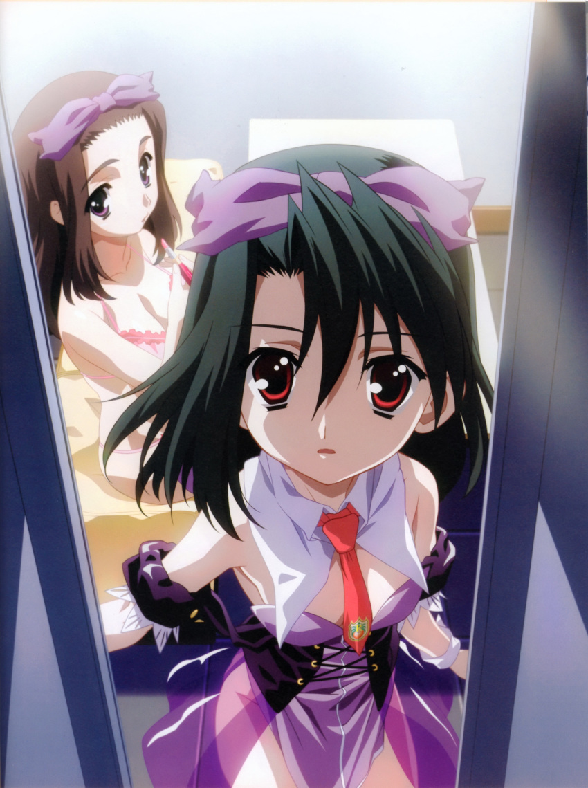 2girls absurdres black_hair brown_hair dark_green_hair dressing highres kiyoura_setsuna lingerie locker locker_room looking_at_viewer multiple_girls murayama_noan official_art purple_eyes red_eyes ribbon scan school_days summer_days underwear