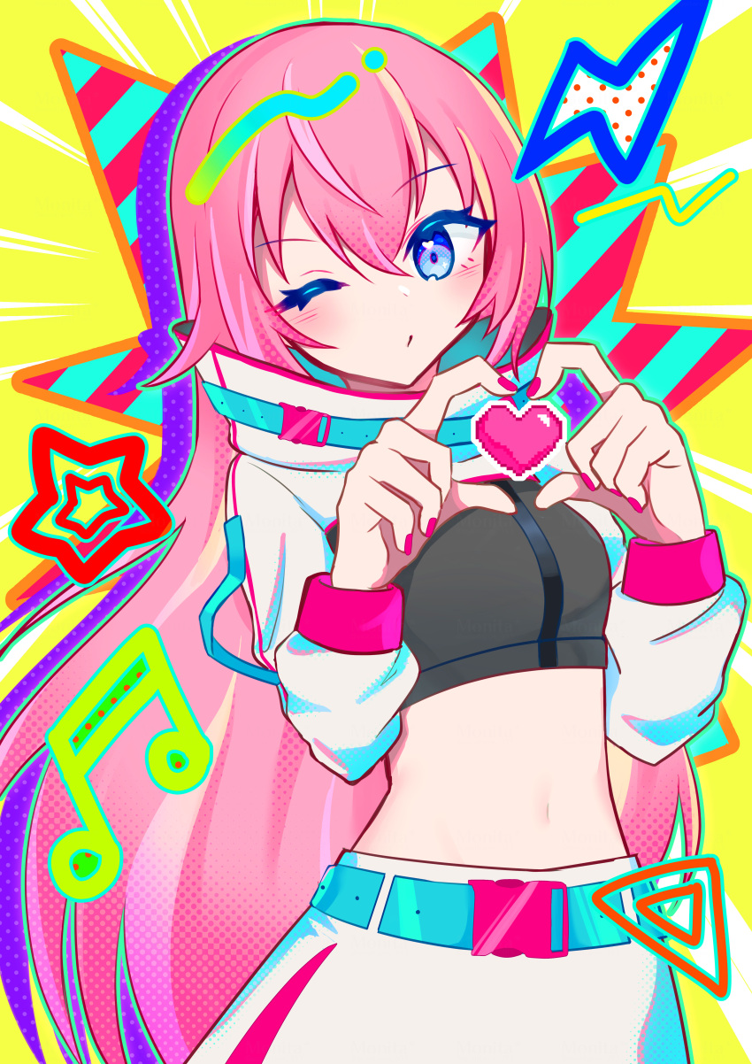 absurdres aqua_belt blue_eyes closed_mouth commentary crop_top female hair_between_eyes hands_up heart heart_hands high_collar highres jacket light_blush long_hair long_sleeves looking_at_viewer magical_mirai_(vocaloid) magical_mirai_luka magical_mirai_luka_(2023) megurine_luka midriff monitaros_393 musical_note navel one_eye_closed pink_hair pink_nails skirt solo star_(symbol) upper_body vocaloid white_jacket white_skirt