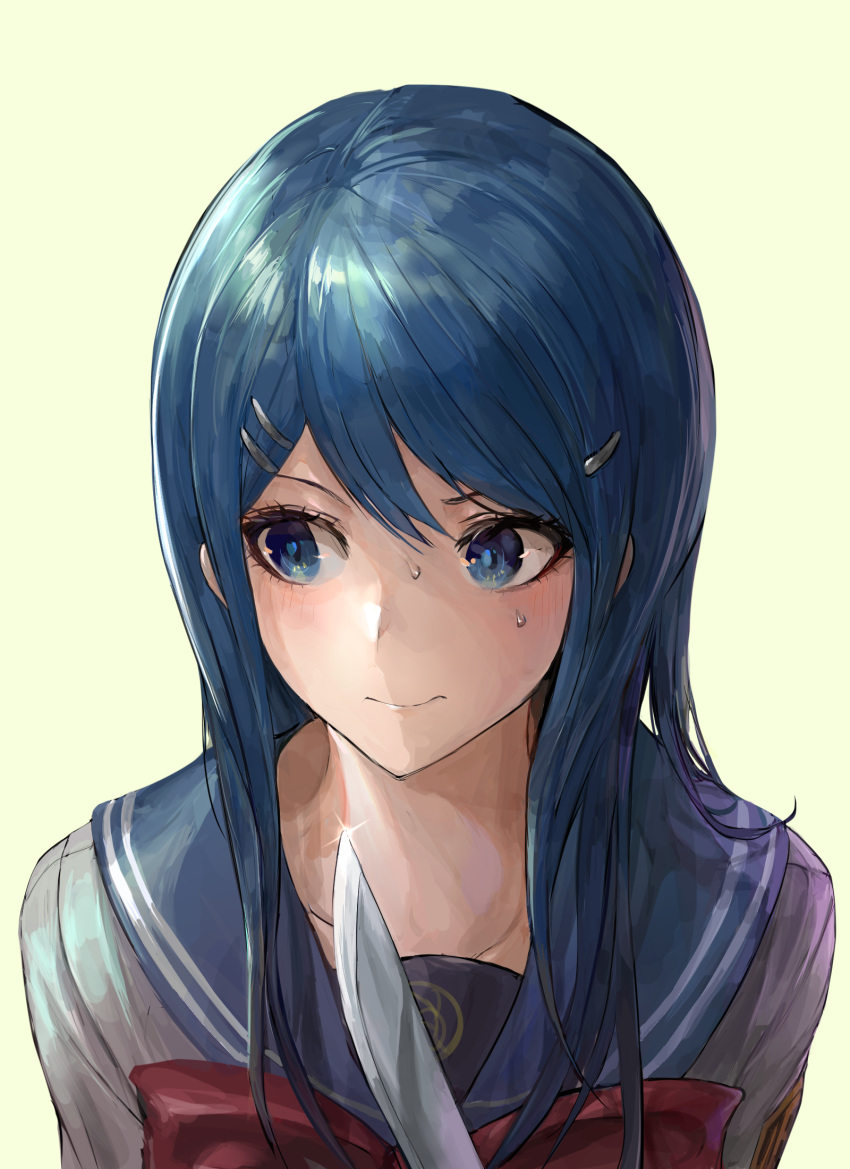 blue_eyes blue_hair blue_sailor_collar blush bow chan1moon collarbone danganronpa:_trigger_happy_havoc danganronpa_(series) female glint grey_shirt hair_ornament hairclip highres knife long_hair looking_away looking_to_the_side maizono_sayaka nervous_smile red_bow sailor_collar school_uniform serafuku shirt simple_background smile solo sweat upper_body white_background