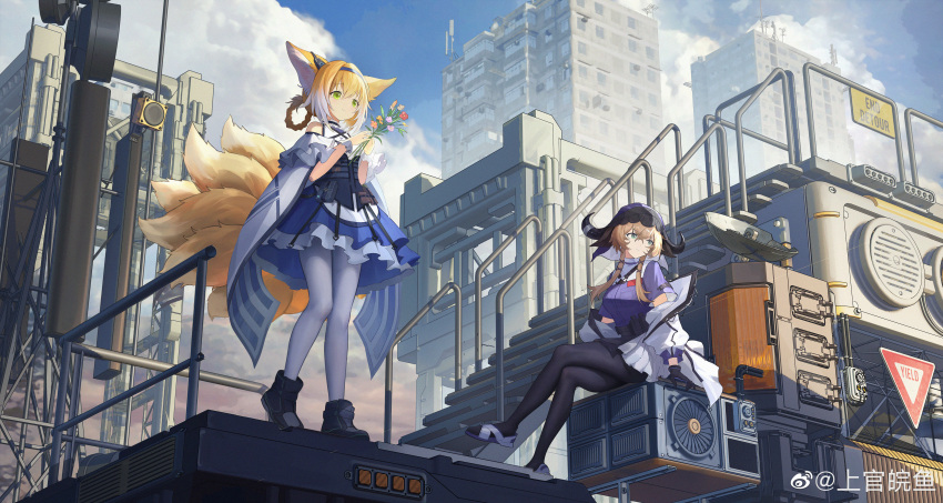 2girls absurdres animal_ears arknights black_footwear black_pantyhose blonde_hair blue_eyes blue_hairband blue_skirt blue_sky brown_hair building chunhwei_lee city cloud commentary crossed_legs day fox_ears fox_tail green_eyes hair_rings hairband highres horns miniskirt multiple_girls multiple_tails outdoors pallas_(arknights) pantyhose purple_shirt shirt shoes short_hair sitting skirt sky standing suzuran_(arknights) tail veil weibo_logo weibo_watermark white_pantyhose